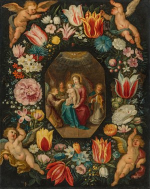Frans Francken III.: Floral wreath with Madonna, child and angels, framed by four putti