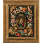 Frans Francken III.: Floral wreath with Madonna, child and angels, framed by four putti