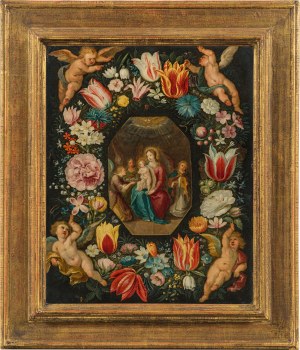 Frans Francken III.: Floral wreath with Madonna, child and angels, framed by four putti