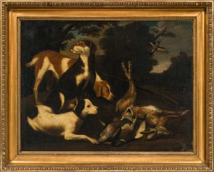 Circle of David de Coninck : Hunting dogs with their prey in a landscape