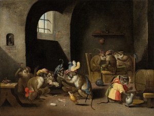 Circle of David Teniers the Younger : Monkeys playing cards and drinking