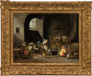 Circle of David Teniers the Younger : Monkeys playing cards and drinking