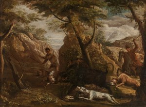 Przypisywany Pietro Montaniniemu, zwany Il Pietruccio: Polowanie na dzika w skalistym krajobrazie