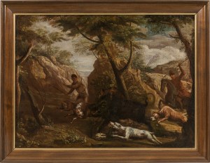 Attributed to Pietro Montanini, called Il Pietruccio: Boar hunt in rocky landscape