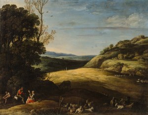 Attributed to Cornelisz van Poelenburg : Landscape with shepherds