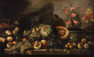 Roman School: Still life with fruit and flowers