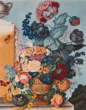 Anonymous Artist c. 1800: Lush bouquet of flowers in antique-style vase