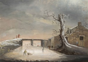 Anonymous Artist c. 1800: Winter landscape with ice skaters
