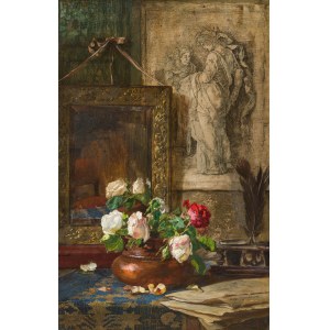 Hugo Charlemont: Stillleben mit Rosen in einer Kupfervase