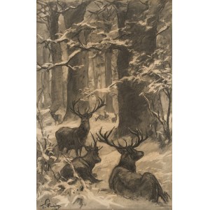 Franz X. von Pausinger: Ruhende Hirsche im Winterwald