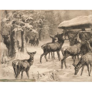 Franz X. von Pausinger: Hirschrudel an einer Futterkrippe im Winterwald (Pendants)