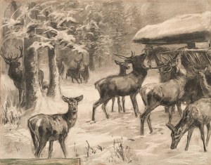 Franz X. von Pausinger : Hirschrudel an einer Futterkrippe im Winterwald (Pendentifs)