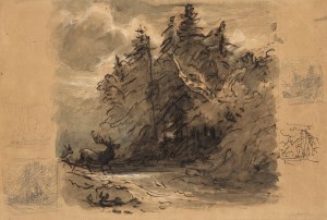 Friedrich Gauermann: Hirsch im Wald / Rückseite: Figuren und Pferde unter Bäumen