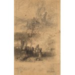 Friedrich Gauermann : Hirsch im Wald / Rückseite : Figuren und Pferde unter Bäumen (personnages et oiseaux sous les arbres)