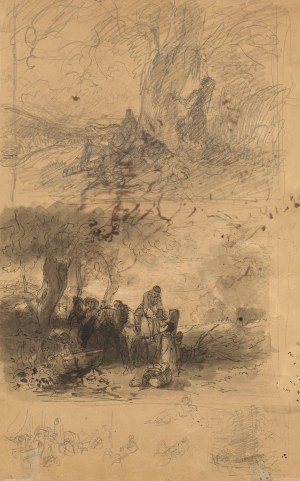 Friedrich Gauermann: Hirsch im Wald / Rückseite: Figuren und Pferde unter Bäumen