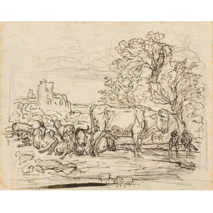 Friedrich Gauermann: Weidevieh / verso Baumskizze