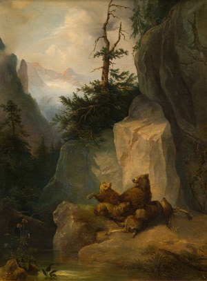 Friedrich Gauermann Nachfolger: Eine Bärin mit Jungen über einem Hirschen her beschäftigt