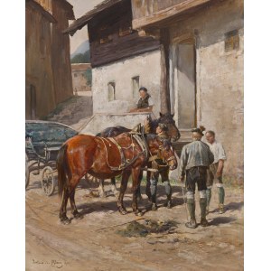 Julius von Blaas: Pferdekutsche vor Tiroler Bauernhaus