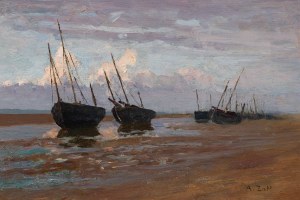 Alfred Zoff : Am Strande von La Panne (Fischerboote bei Ebbe)