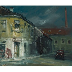 Victor Pipal: Vorstadtstraße bei Dämmerung