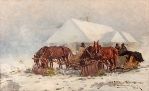Leonard Winterowski (1868 Kraków - 1927), Winter stop in front of a hut, 1924.