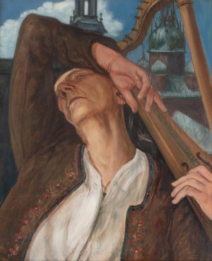 Wlastimil Hofman (1881 Prague - 1970 Szklarska Poreba), Woman with harp, wing of triptych: That I was like a pilgrim..., 1954.