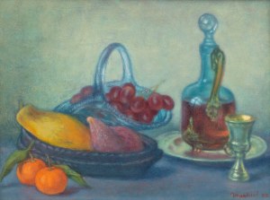 Jakub Markiel (1911 Łódź - 2008 Paris), Still life with basket of fruit and wine, 1992.
