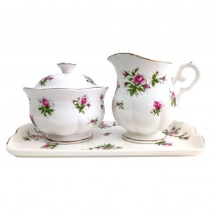 Dekoratives Porzellanset: Tablett, Zuckerdose und Royal Canterbury Milchkännchen, Modell Spring Flower (Pink)