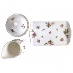 Dekoratives Porzellanset: Tablett, Zuckerdose und Royal Canterbury Milchkännchen, Modell Spring Flower (Pink)