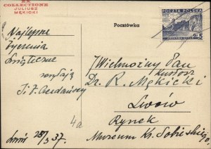 MÊKICKI Rudolf] Postcard with greetings by proj. Irena and Zygmunt Acedanski for the Mękicki family. Lvov 29 III 1937.