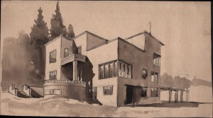 Pohledy na Lvov. Kostel svatého Mikuláše ve Lvově a modernistická vila ve Vulecké ulici ve Lvově. Akvarely