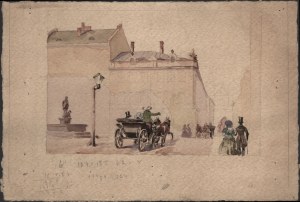 Views of Lviv. Streets of Lviv. Street scene with carriage and figures, stylized for 19th century. Watercolor