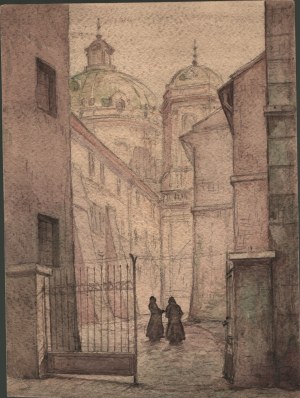 Views of Lviv. Lviv street. In the background the church of the Dominican Fathers in Lviv. Watercolor
