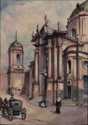 Views of Lviv. Entrance to the church of the Dominican Friars in Lviv. Watercolor