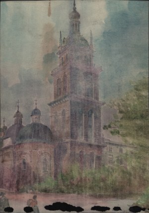 Views of Lviv. Entrance to the church of the Dominican Friars in Lviv. Watercolor