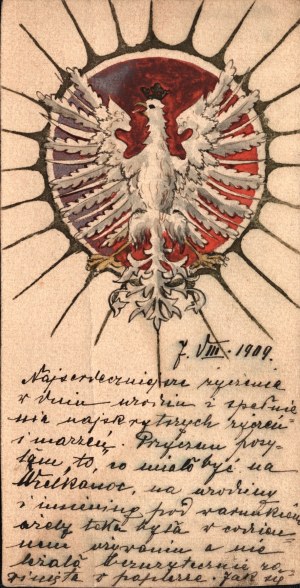 Karta pocztowa z ręcznie namalowanym Orłem w koronie. Dat. 7. VIII. 1909.