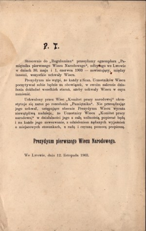 Prezdyum of the first National Rally. In Lviv] Leaflet print of November 12, 1903.