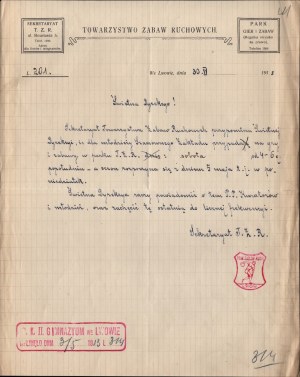 Towarzystwo Zabaw Ruchowych we Lwowie] Dopis na hlavičkovém papíře. Datováno. ve Lvově, 30. IV. 1913.