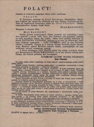 National Government, proclamations of the 3rd and 10th of August 1914] - Poles! We give you the following proclamations of the National Government for your information: Poles! The National Government has been formed in Warsaw. [...] The commander of the P