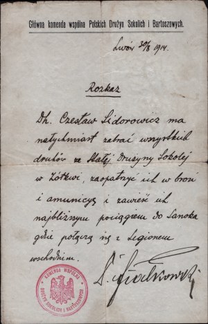 Joint Headquarters of the Polish Falcon and Bartosz Squads] Order addressed to druh Czeslaw Sidorowicz. Lvov 30 August 1914.