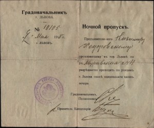 Russian occupation of the city of Lviv] Permission to move around the city of Lviv at night for Kazimir Khodorovsky. Issued by the Head of the City of Lviv.