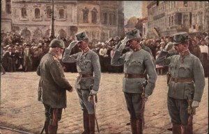 World War 1914-1915: Reception of King Ludwig of Bavaria by General Böhm-Ermolli on the occasion of the recapture of Lvov. Postcard [1915].