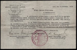 Chapter of the Cross of the Defense of Lviv] Two letters to Karol Fronczak regarding the badge of the Cross of the Defense of Lviv with swords and the diploma for the Cross of the Defense of Lviv. 1933/36 r.