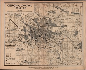 Mappa - Difesa di Leopoli. 1-22. XI. 1918. 1:60.000. Campo del fronte di battaglia e direzione dei colpi 21. XI. 1918. [1937 r.]