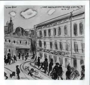 Defense of Lviv, XI 1918] Photographs of two drawings by Tadeusz Pobóg-Rossowski related to the history of the Battle of Lviv in November 1918