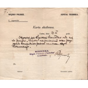 [SPITTAL Stanisław, obrońca Lwowa] Szpital Wojsk Polskich Technika Lwów] Karta służbowa dla ob. Stanisława Spittala. Dat. Lwów 13 XII [1918]