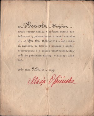 Polish-Ukrainian War, Milicya Koła Pań Pań] A set of documents after Wladyslaw Krzewska, including a certificate issued by Maria Oponska from Milicya Koła Pań. Lviv January 11, 1919.
