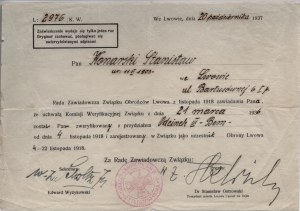 Sdružení obránců Lvova z listopadu 1918] Oznámení panu Stanislawu Konarskému o jeho registraci ve Sdružení jako účastníka obrany Lvova ve dnech 4.-22. listopadu 1918.