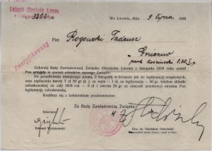 Sdružení obránců Lvova z listopadu 1918] Oznámení panu Tadeuszovi Rogowskému o přijetí do Sdružení jako účastníka obrany Lvova ve dnech 4.-22. listopadu 1918.