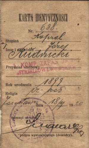 39th Infantry Regiment of Lviv Riflemen] Identity card for Corporal Jozef Rudnicki of the 1st Reserve Company of the 39th Infantry Regiment of Lviv Riflemen